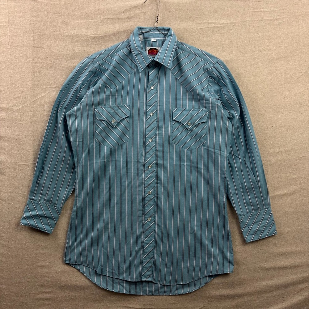 VTG Miller Western Wear‎ Shirt Mens 15.5-33 Blue Striped Pearl Snap Long Sleeve